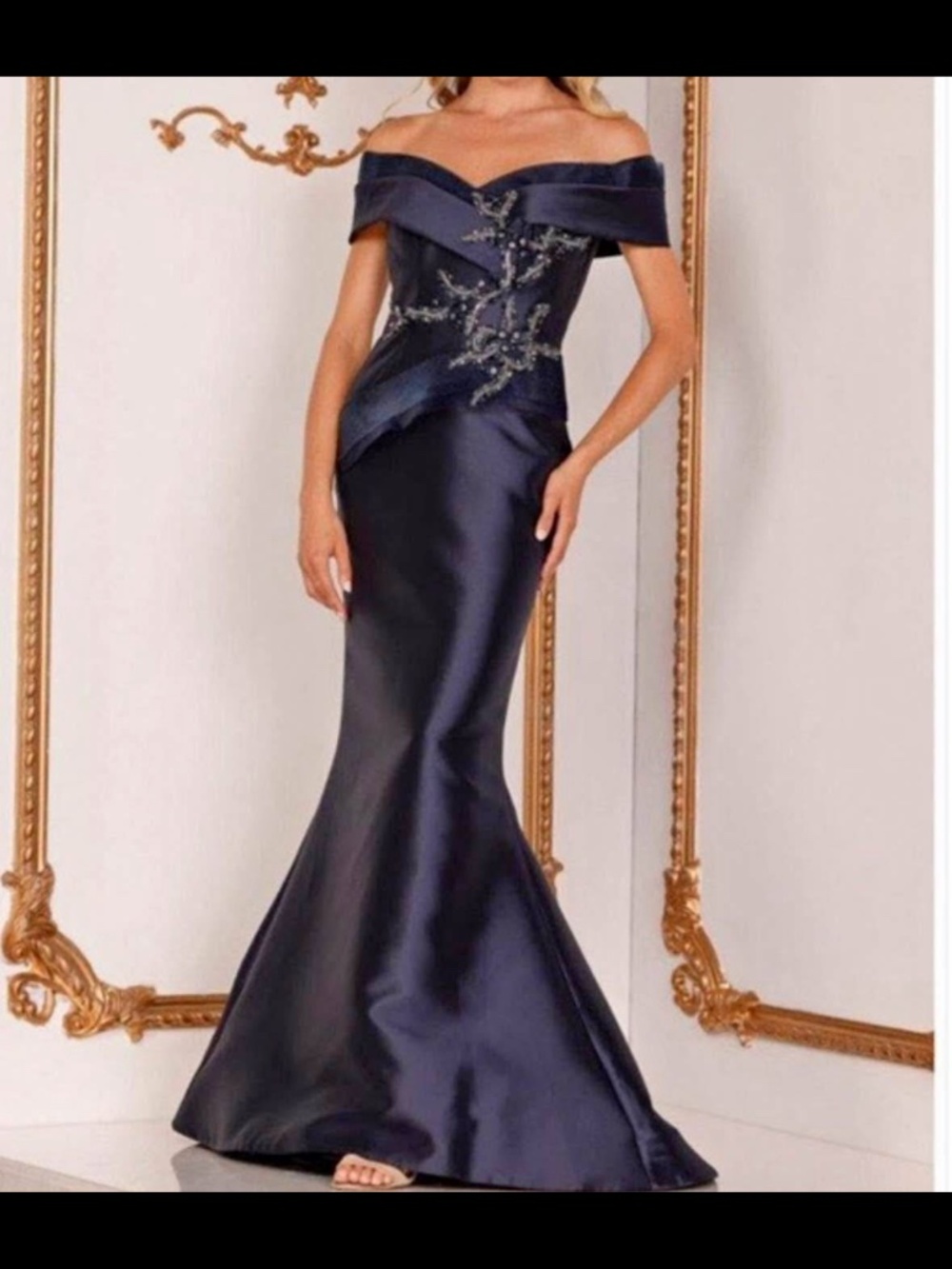 Terani Couture Navy Beaded Off-Shoulder Mermaid Gown Size 12/14 Formal Evening